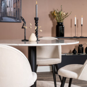 Estelle, Velvet – Ensemble repas rond – Blanc – Table : ⌀106 Chaise : 57 x 76,5 x 50 cm