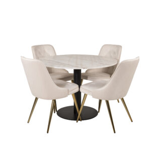 Estelle, Velvet Deluxe – Ensemble repas rond – Blanc – Table : ⌀106 Chaise : 66 x 88,5 x 50 cm