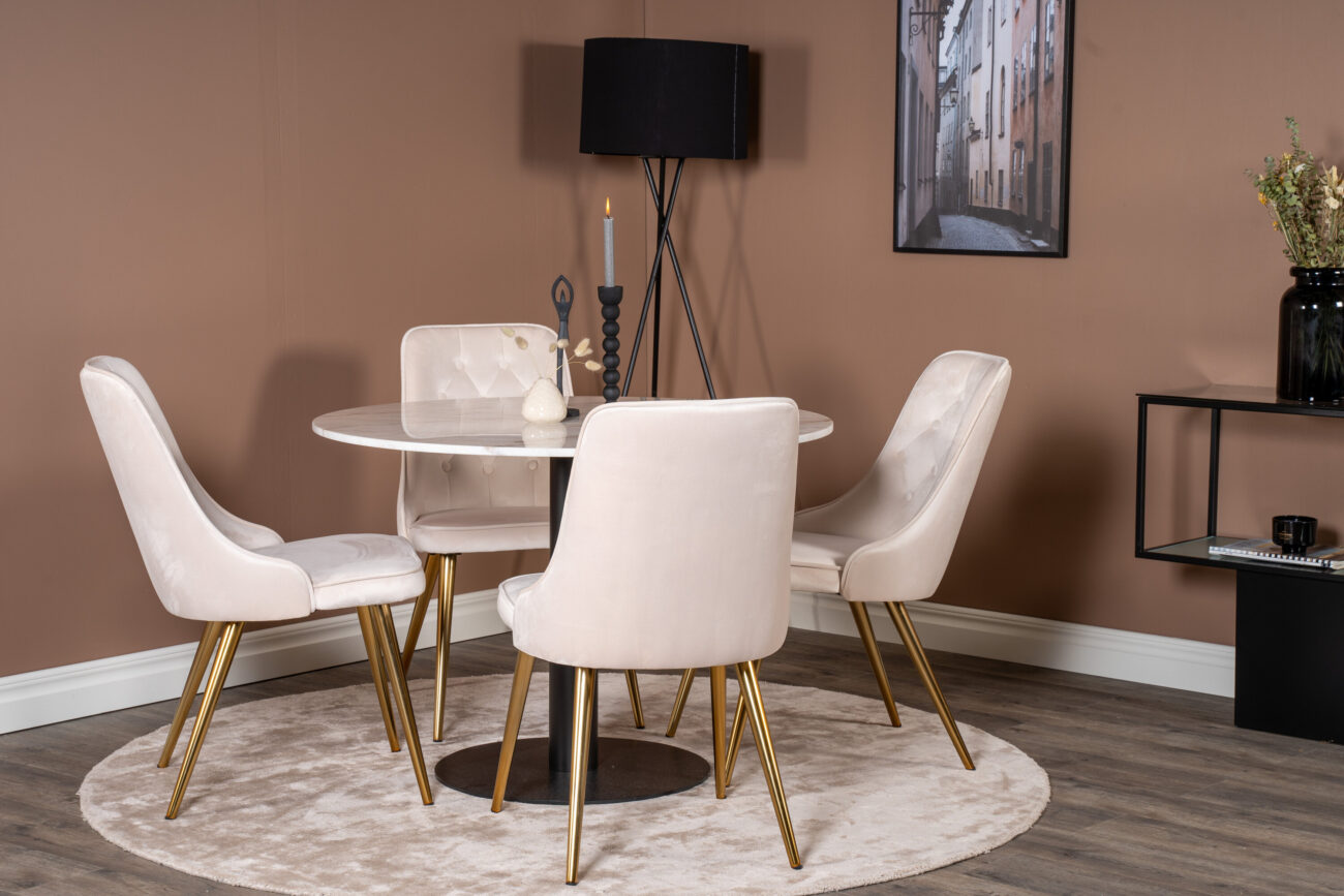 Estelle, Velvet Deluxe – Ensemble repas rond – Blanc – Table : ⌀106 Chaise : 66 x 88,5 x 50 cm