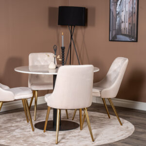 Estelle, Velvet Deluxe – Ensemble repas rond – Blanc – Table : ⌀106 Chaise : 66 x 88,5 x 50 cm
