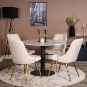 Estelle, Velvet Deluxe – Ensemble repas rond – Blanc – Table : ⌀106 Chaise : 66 x 88,5 x 50 cm