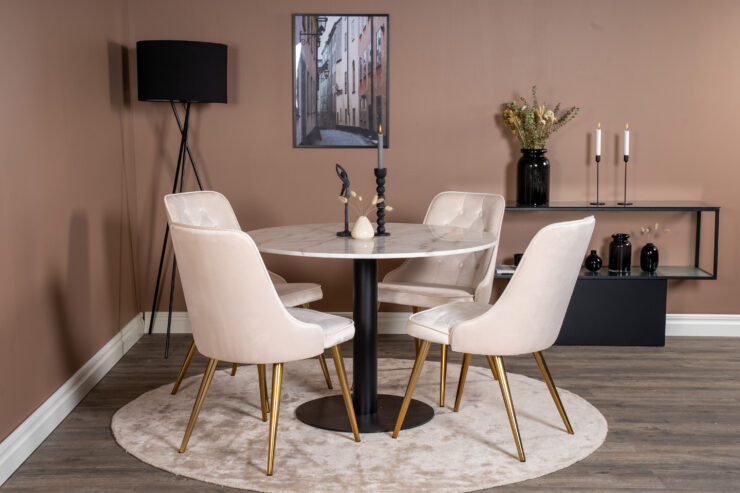 Estelle, Velvet Deluxe – Ensemble repas rond – Blanc – Table : ⌀106 Chaise : 66 x 88,5 x 50 cm
