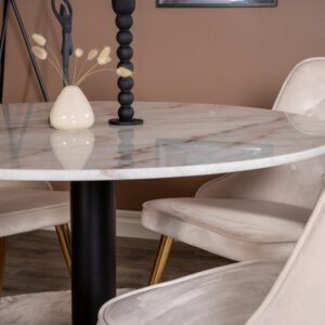 Estelle, Velvet Deluxe – Ensemble repas rond – Blanc – Table : ⌀106 Chaise : 66 x 88,5 x 50 cm