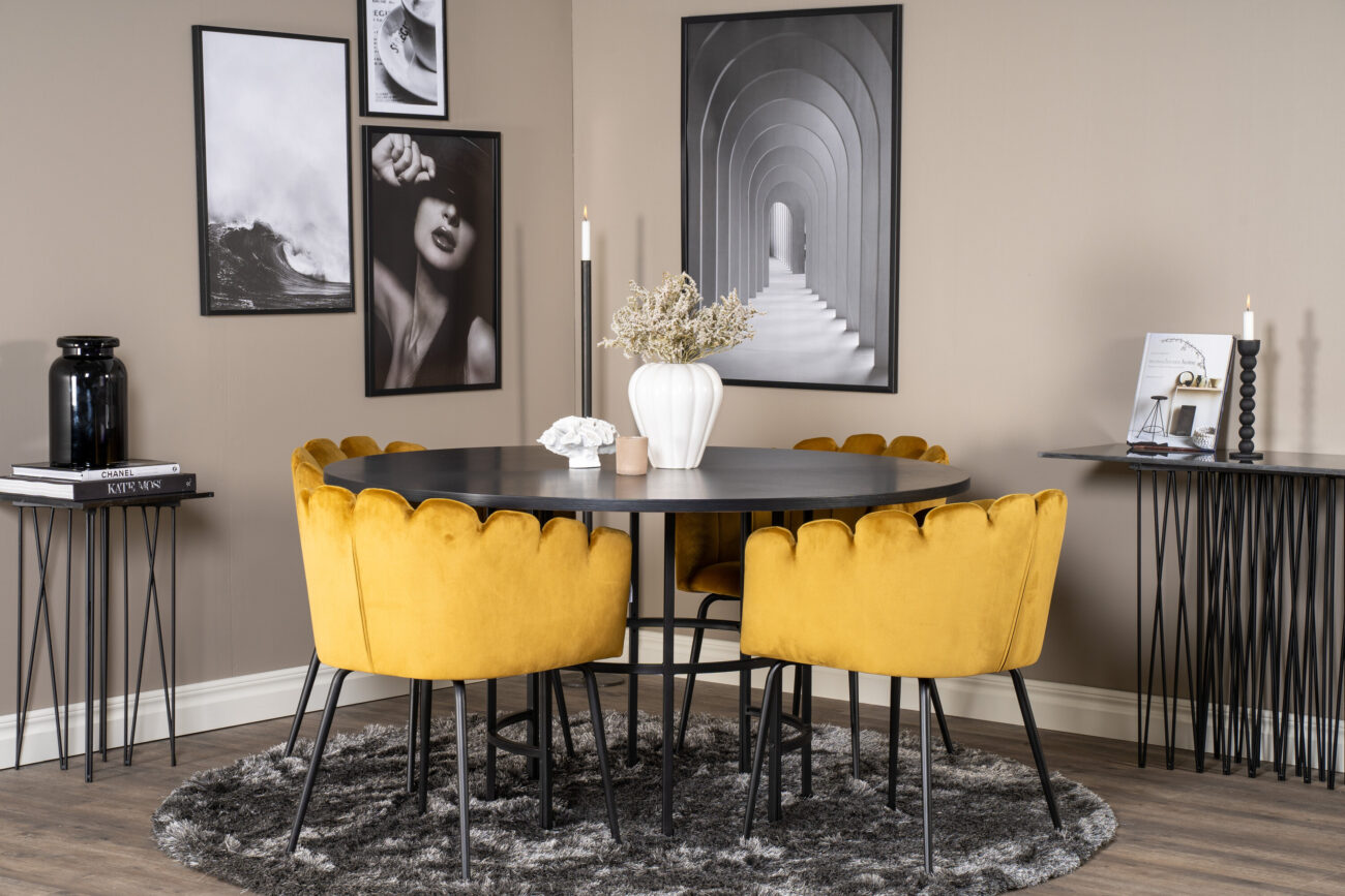 Copenhagen, Limhamn – Ensemble repas rond – Noir – Table : ⌀140 Chaise : 54 x 76,56 x 61 cm