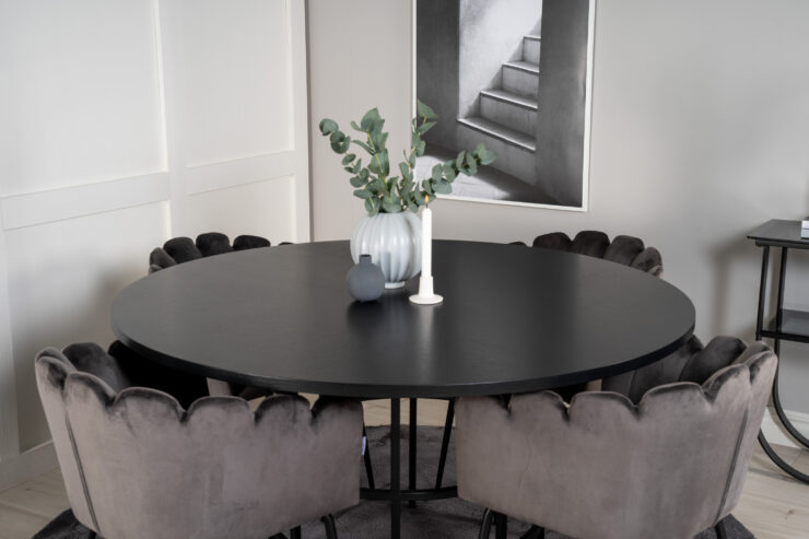 Copenhagen, Limhamn – Ensemble repas rond – Noir – Table : ⌀140 Chaise : 54 x 76,56 x 61 cm
