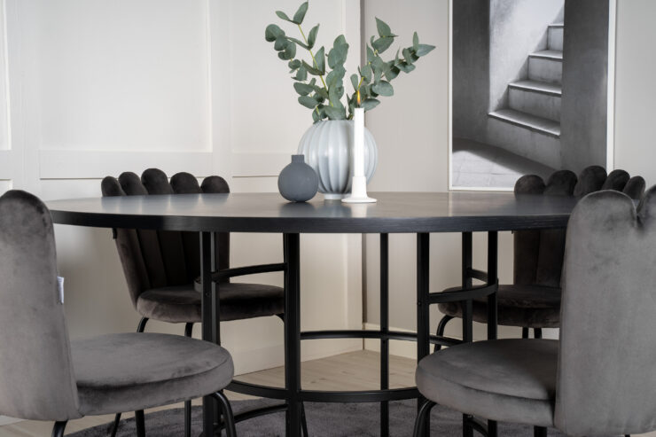 Copenhagen, Limhamn – Ensemble repas rond – Noir – Table : ⌀140 Chaise : 54 x 82,5 x 44,5 cm