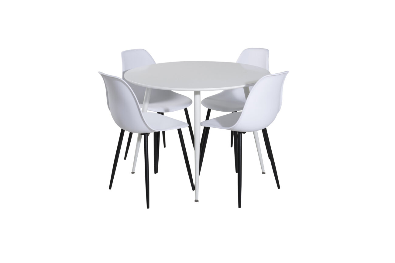 Plaza, Polar – Ensemble repas rond – Blanc – Table : ⌀100 Chaise : 58 x 81 x 45,5 cm