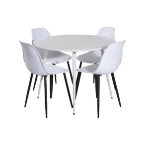 Plaza, Polar – Ensemble repas rond – Blanc – Table : ⌀100 Chaise : 58 x 81 x 45,5 cm
