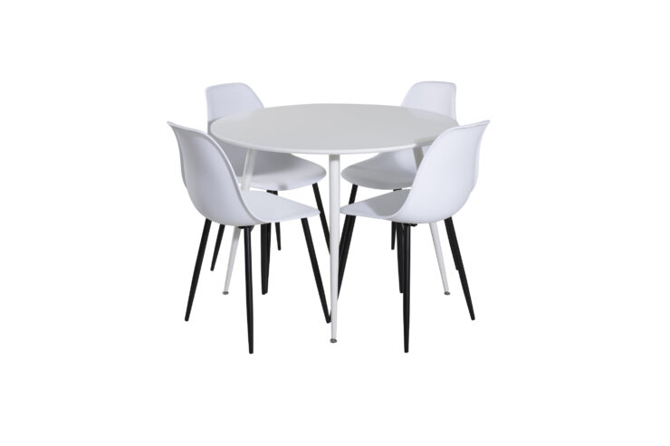 Plaza, Polar – Ensemble repas rond – Blanc – Table : ⌀100 Chaise : 58 x 81 x 45,5 cm