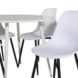 Plaza, Polar – Ensemble repas rond – Blanc – Table : ⌀100 Chaise : 58 x 81 x 45,5 cm