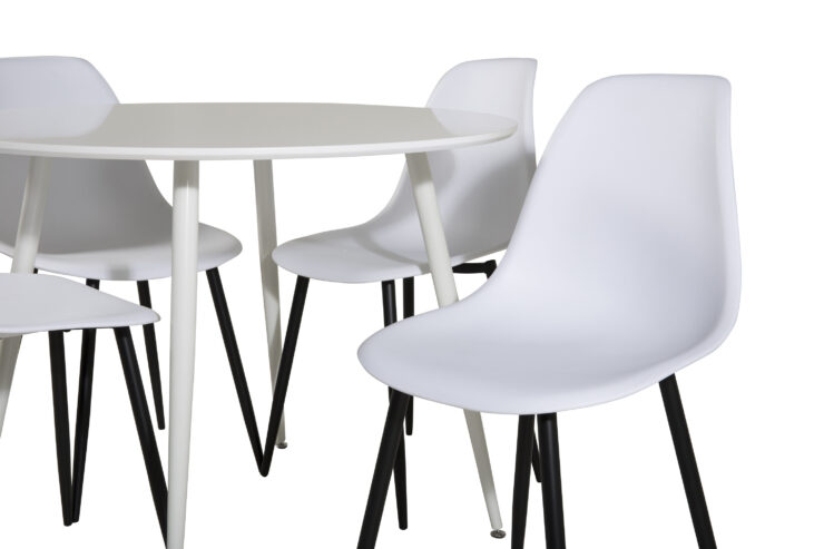 Plaza, Polar – Ensemble repas rond – Blanc – Table : ⌀100 Chaise : 58 x 81 x 45,5 cm