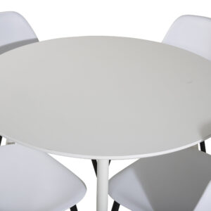 Plaza, Polar – Ensemble repas rond – Blanc – Table : ⌀100 Chaise : 58 x 81 x 45,5 cm