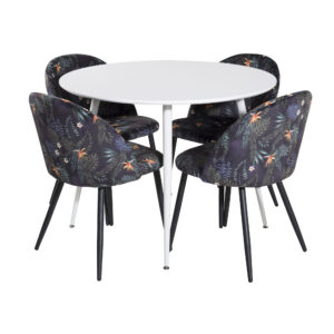 Plaza, Velvet – Ensemble repas rond – Blanc – Table : ⌀100 Chaise : 55 x 78 x 50,5 cm