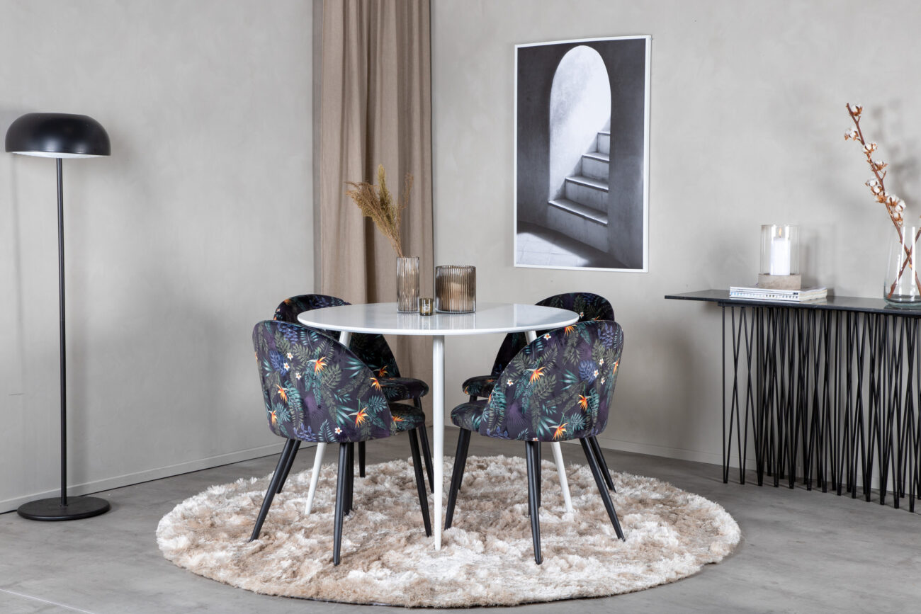 Plaza, Velvet – Ensemble repas rond – Blanc – Table : ⌀100 Chaise : 55 x 78 x 50,5 cm