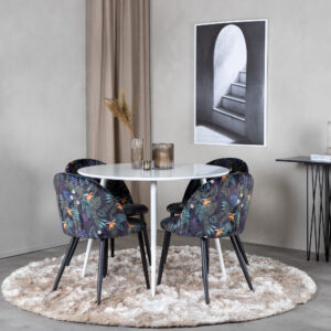 Plaza, Velvet – Ensemble repas rond – Blanc – Table : ⌀100 Chaise : 55 x 78 x 50,5 cm