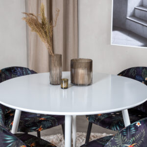 Plaza, Velvet – Ensemble repas rond – Blanc – Table : ⌀100 Chaise : 55 x 78 x 50,5 cm