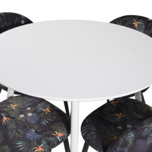 Plaza, Velvet – Ensemble repas rond – Blanc – Table : ⌀100 Chaise : 55 x 78 x 50,5 cm
