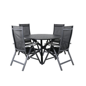 Alma, Albany – Ensemble repas – Noir – Table : ⌀120 Chaise : 67 x 109,5 x 59 cm