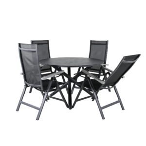 Alma, Albany – Ensemble repas – Noir – Table : ⌀120 Chaise : 67 x 109,5 x 59 cm