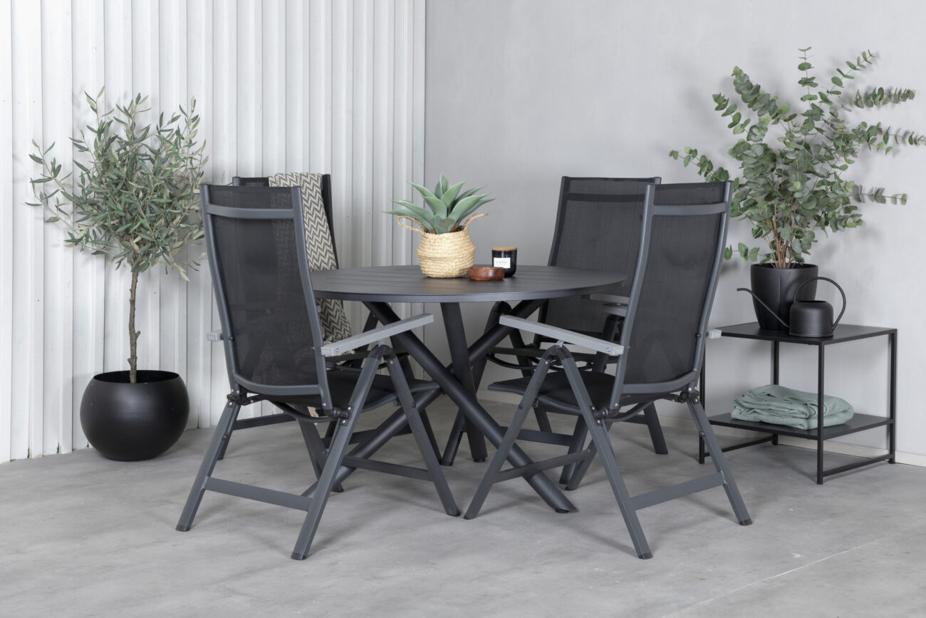 Alma, Albany – Ensemble repas – Noir – Table : ⌀120 Chaise : 67 x 109,5 x 59 cm