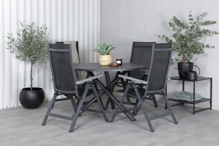 Alma, Albany – Ensemble repas – Noir – Table : ⌀120 Chaise : 67 x 109,5 x 59 cm
