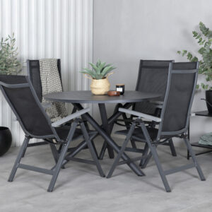 Alma, Albany – Ensemble repas – Noir – Table : ⌀120 Chaise : 67 x 109,5 x 59 cm