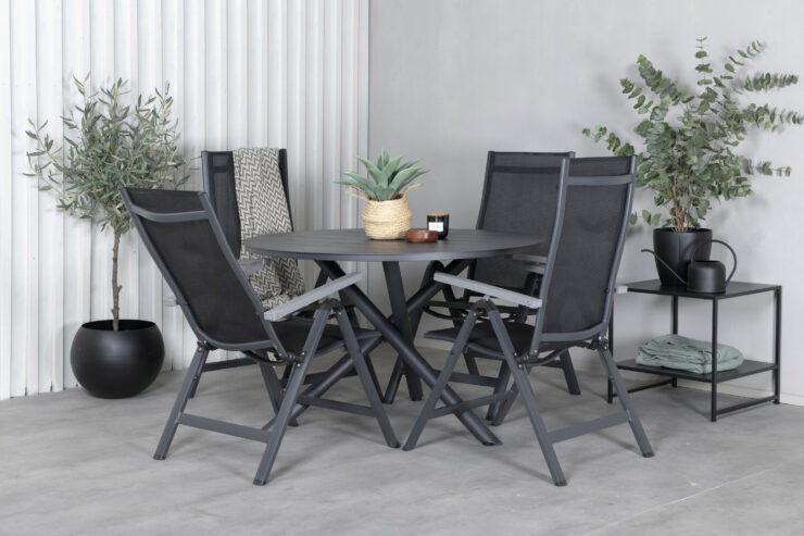 Alma, Albany – Ensemble repas – Noir – Table : ⌀120 Chaise : 67 x 109,5 x 59 cm
