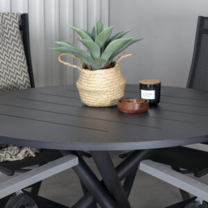 Alma, Albany – Ensemble repas – Noir – Table : ⌀120 Chaise : 67 x 109,5 x 59 cm