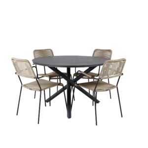 Alma, Lindos – Ensemble repas – Noir – Table : ⌀120 Chaise : 66 x 85 x 55 cm