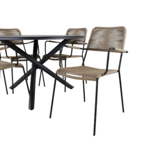 Alma, Lindos – Ensemble repas – Noir – Table : ⌀120 Chaise : 66 x 85 x 55 cm