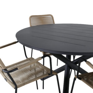 Alma, Lindos – Ensemble repas – Noir – Table : ⌀120 Chaise : 66 x 85 x 55 cm