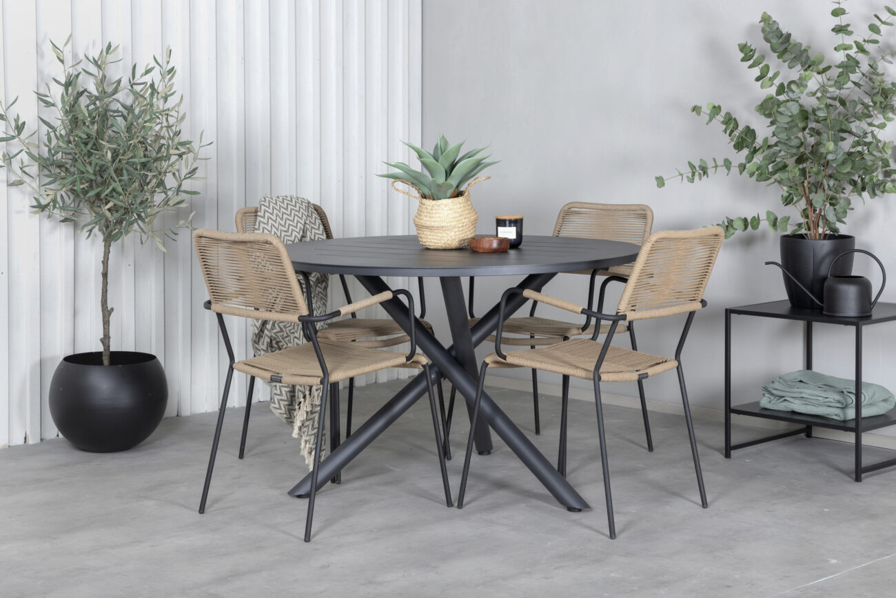Alma, Lindos – Ensemble repas – Noir – Table : ⌀120 Chaise : 66 x 85 x 55 cm