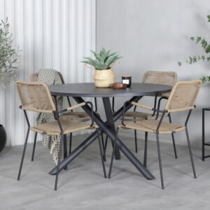 Alma, Lindos – Ensemble repas – Noir – Table : ⌀120 Chaise : 66 x 85 x 55 cm
