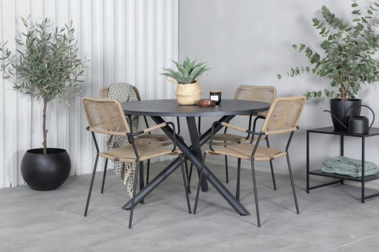 Alma, Lindos – Ensemble repas – Noir – Table : ⌀120 Chaise : 66 x 85 x 55 cm