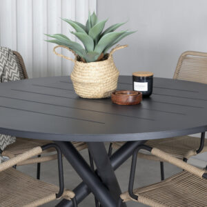 Alma, Lindos – Ensemble repas – Noir – Table : ⌀120 Chaise : 66 x 85 x 55 cm