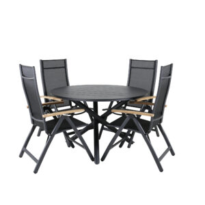 Alma, Panama – Ensemble repas – Noir – Table : ⌀120 Chaise : 75 x 108 x 59 cm