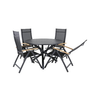 Alma, Panama – Ensemble repas – Noir – Table : ⌀120 Chaise : 75 x 108 x 59 cm
