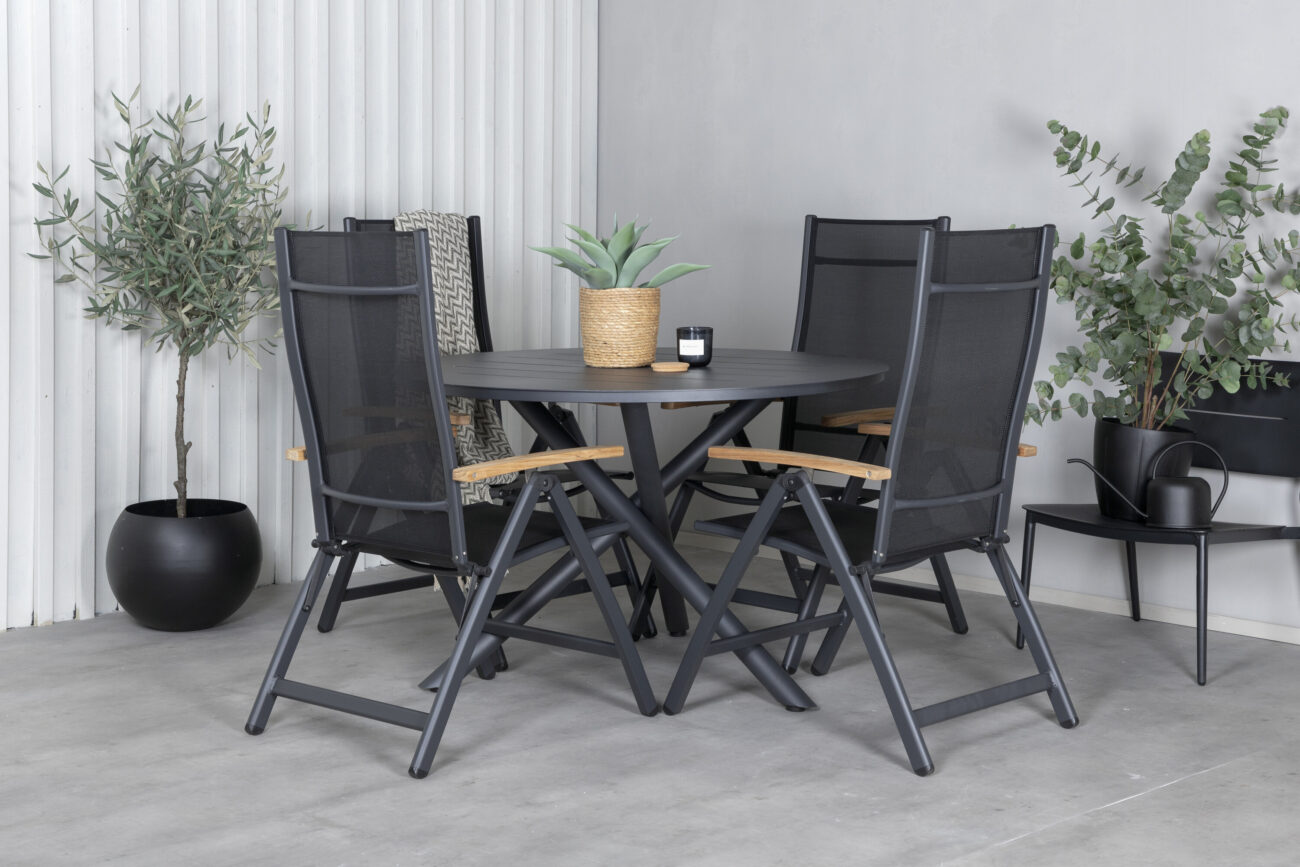 Alma, Panama – Ensemble repas – Noir – Table : ⌀120 Chaise : 75 x 108 x 59 cm