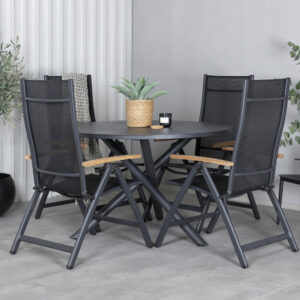 Alma, Panama – Ensemble repas – Noir – Table : ⌀120 Chaise : 75 x 108 x 59 cm