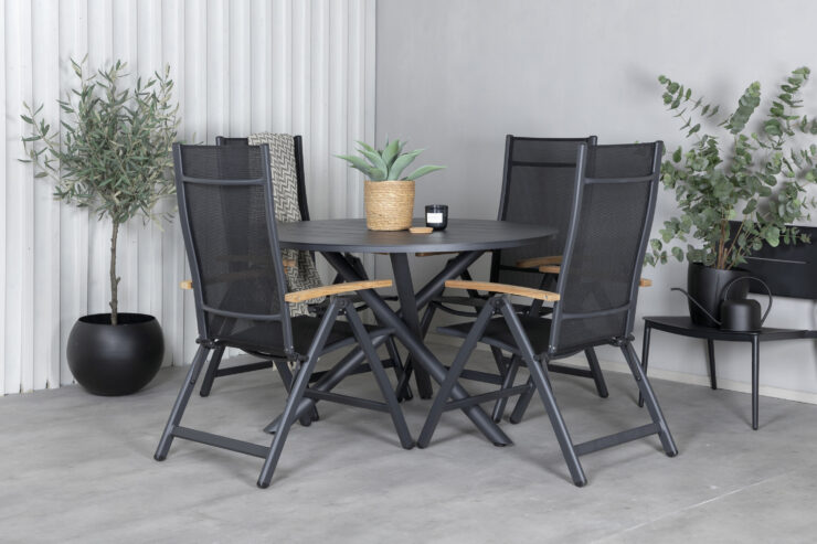 Alma, Panama – Ensemble repas – Noir – Table : ⌀120 Chaise : 75 x 108 x 59 cm