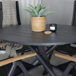 Alma, Panama – Ensemble repas – Noir – Table : ⌀120 Chaise : 75 x 108 x 59 cm