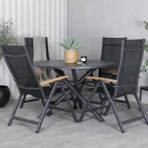 Alma, Panama – Ensemble repas – Noir – Table : ⌀120 Chaise : 75 x 108 x 59 cm