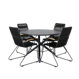 Alma, Bois – Ensemble repas – Noir – Table : ⌀120 Chaise : 63 x 93 x 60 cm
