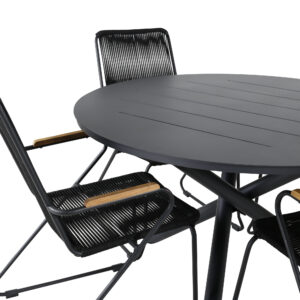 Alma, Bois – Ensemble repas – Noir – Table : ⌀120 Chaise : 63 x 93 x 60 cm