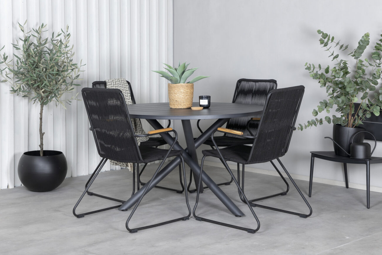 Alma, Bois – Ensemble repas – Noir – Table : ⌀120 Chaise : 63 x 93 x 60 cm