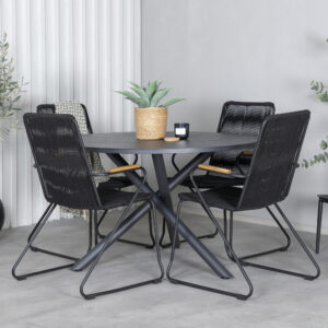 Alma, Bois – Ensemble repas – Noir – Table : ⌀120 Chaise : 63 x 93 x 60 cm
