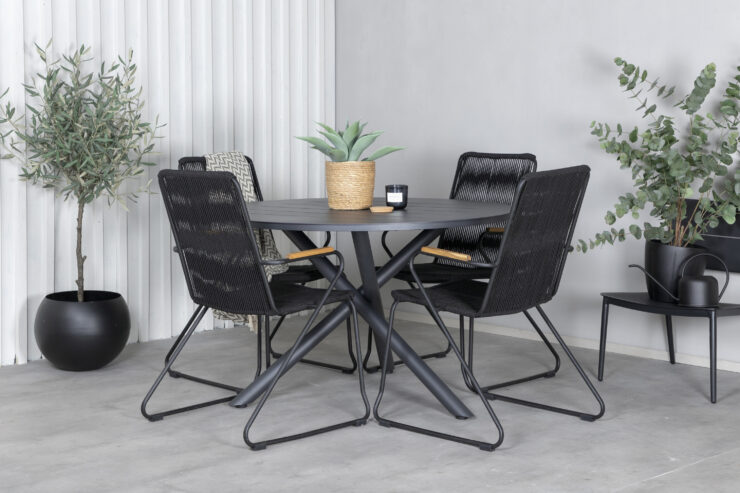 Alma, Bois – Ensemble repas – Noir – Table : ⌀120 Chaise : 63 x 93 x 60 cm