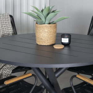 Alma, Bois – Ensemble repas – Noir – Table : ⌀120 Chaise : 63 x 93 x 60 cm