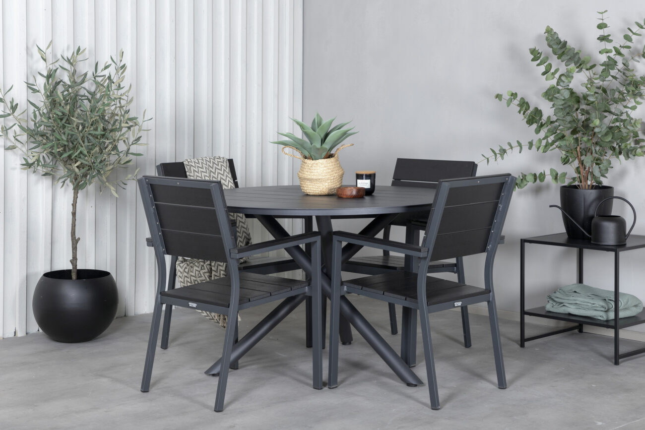 Alma, Levels – Ensemble repas – Noir – Table : ⌀120 Chaise : 59 x 89 x 57 cm