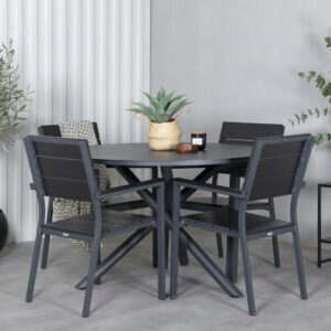 Alma, Levels – Ensemble repas – Noir – Table : ⌀120 Chaise : 59 x 89 x 57 cm